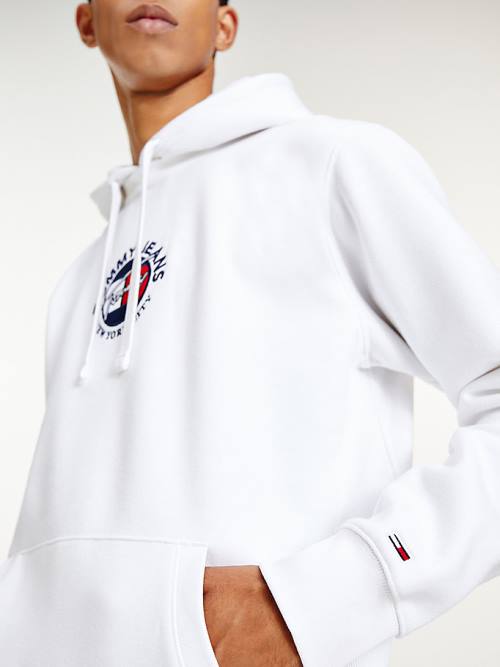 White Tommy Hilfiger Signature Logo Men's Hoodie | TH726QTK