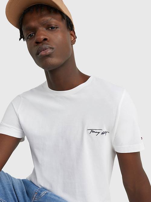 White Tommy Hilfiger Signature Logo Men's T Shirts | TH745AOR