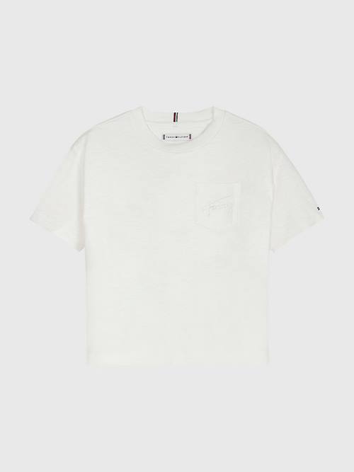 White Tommy Hilfiger Signature Logo Pocket Girls\' T Shirts | TH923LQY