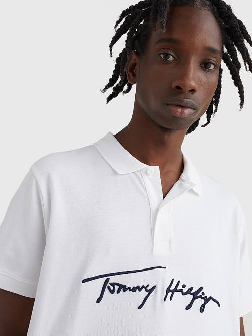 White Tommy Hilfiger Signature Logo Regular Fit Men's Polo Shirts | TH645AYJ