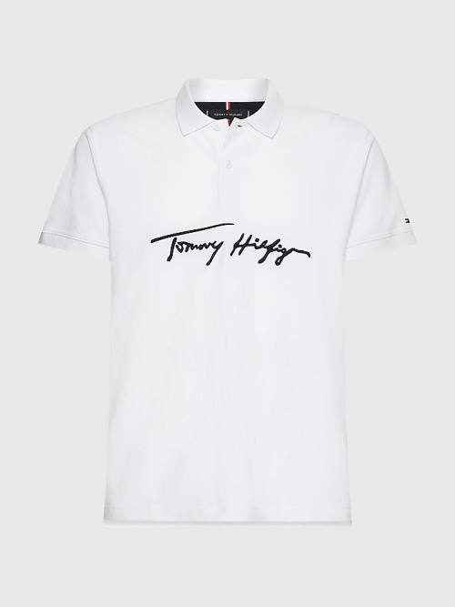 White Tommy Hilfiger Signature Logo Regular Fit Men's Polo Shirts | TH645AYJ