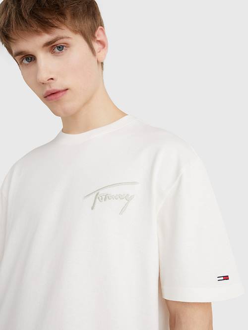 White Tommy Hilfiger Signature Recycled Cotton Men's T Shirts | TH405GNV