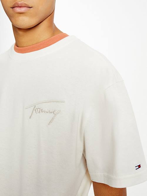 White Tommy Hilfiger Signature Recycled Cotton Men's T Shirts | TH506RPQ