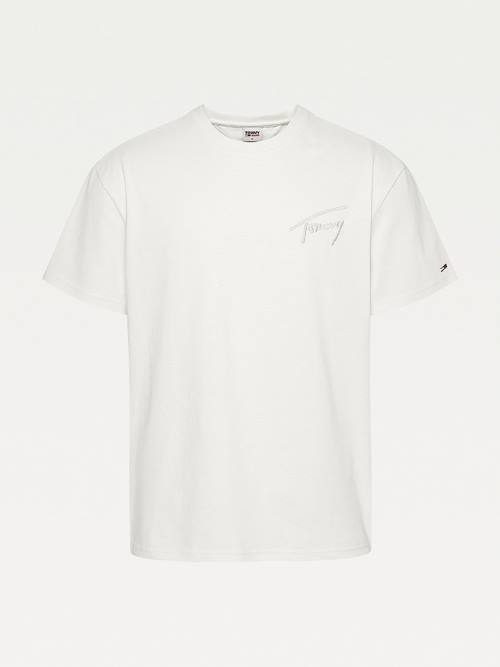 White Tommy Hilfiger Signature Recycled Cotton Men's T Shirts | TH506RPQ