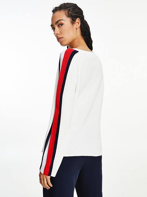 White Tommy Hilfiger Signature Sleeve Round Neck Jumper Women's Sweaters | TH230FEY