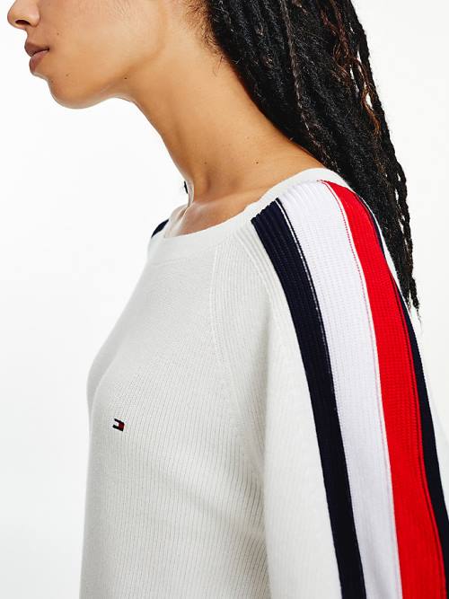 White Tommy Hilfiger Signature Sleeve Round Neck Jumper Women's Sweaters | TH230FEY