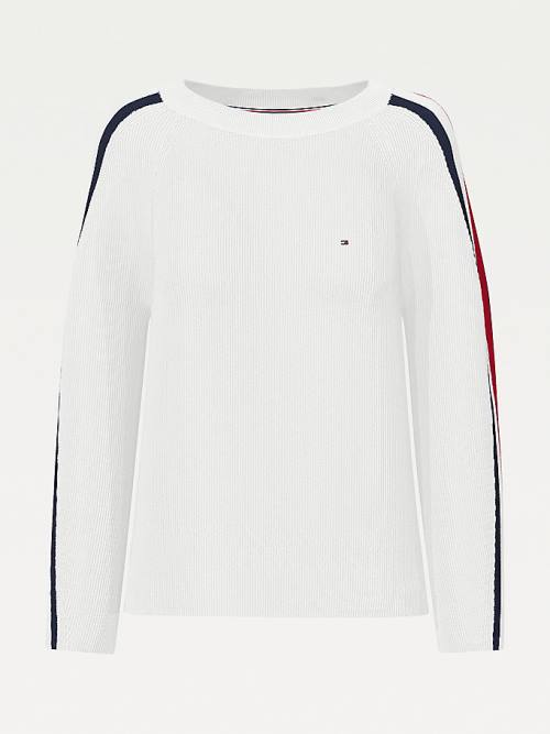 White Tommy Hilfiger Signature Sleeve Round Neck Jumper Women's Sweaters | TH230FEY