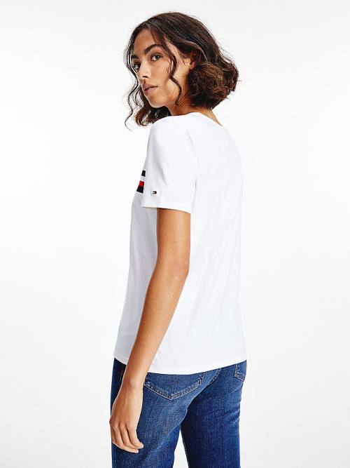 White Tommy Hilfiger Signature Tape Crew Neck Women's T Shirts | TH760HAQ