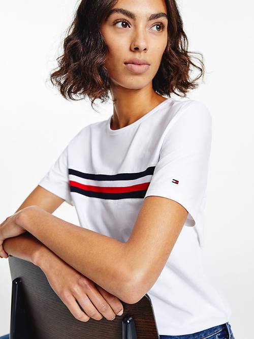 White Tommy Hilfiger Signature Tape Crew Neck Women's T Shirts | TH760HAQ