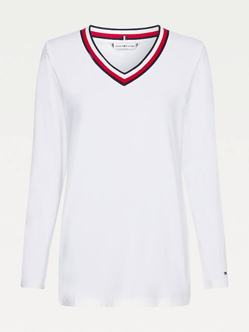 White Tommy Hilfiger Signature Tape V-Neck Long Sleeve Women's T Shirts | TH592SIV