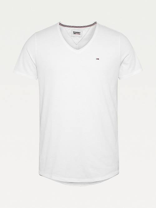 White Tommy Hilfiger Slim Fit V-Neck Men's T Shirts | TH097GTS