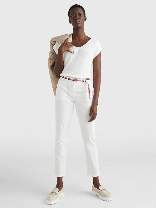 White Tommy Hilfiger Slim Signature Belt Chinos Women's Pants | TH416IMO