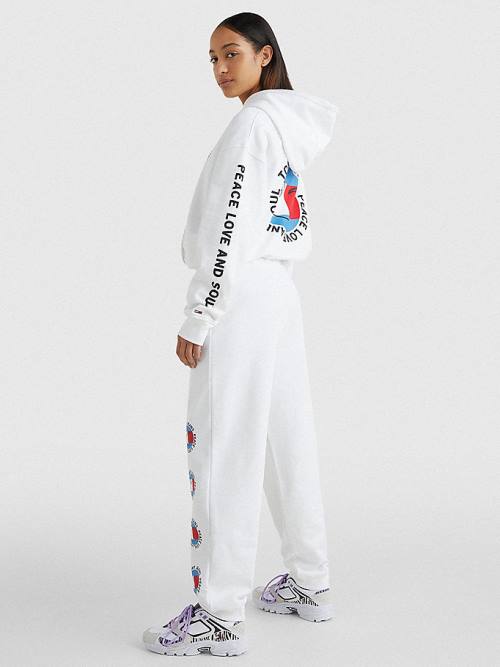 White Tommy Hilfiger Smiley Peace Logo Joggers Women's Pants | TH752LNU