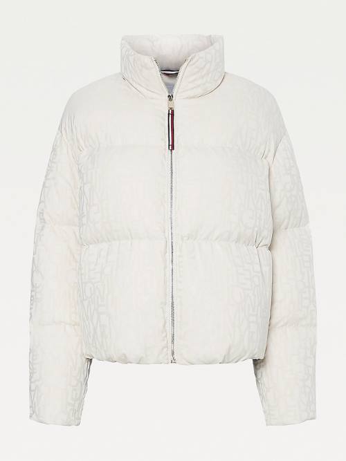 White Tommy Hilfiger Spell Out Print Down Puffer Women's Jackets | TH184WJM