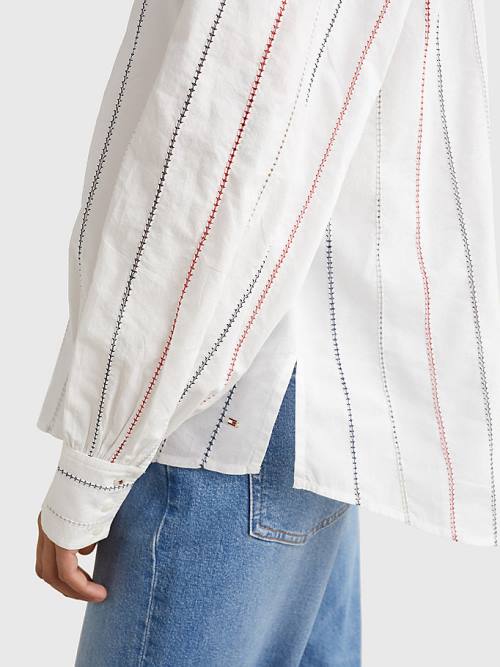 White Tommy Hilfiger Stitched Stripe Relaxed Fit Women's Blouse | TH431NIJ