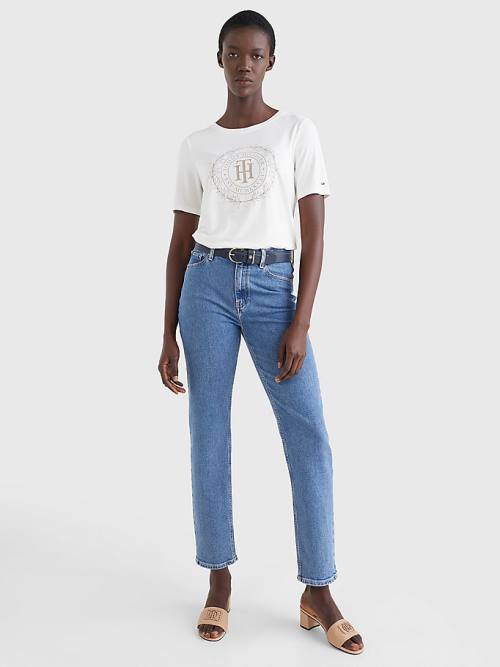 White Tommy Hilfiger Sueded Crest Women's T Shirts | TH547BWM