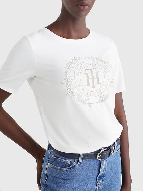 White Tommy Hilfiger Sueded Crest Women's T Shirts | TH547BWM