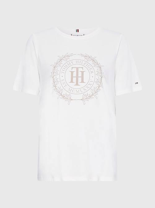 White Tommy Hilfiger Sueded Crest Women's T Shirts | TH547BWM