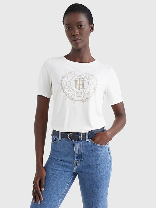 White Tommy Hilfiger Sueded Crest Women\'s T Shirts | TH547BWM