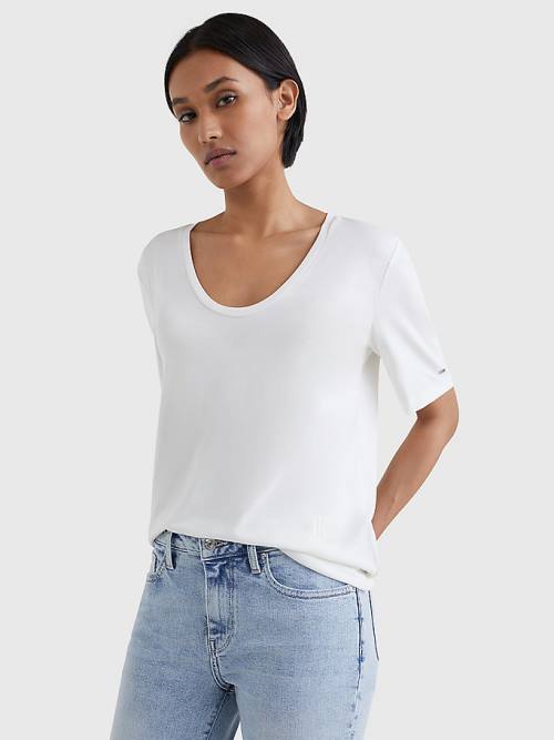 White Tommy Hilfiger Sueded Scoop Neck Relaxed Women\'s T Shirts | TH830KNC