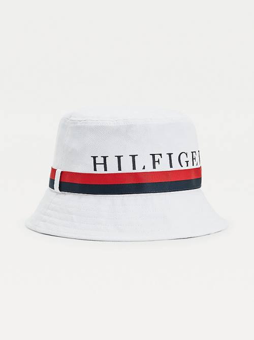 White Tommy Hilfiger Tape Bucket Men\'s Hats | TH682ZVB