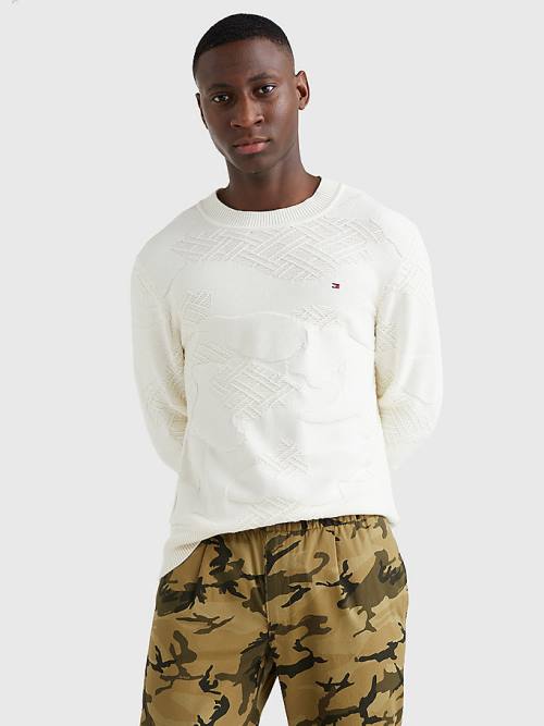 White Tommy Hilfiger Textured Camo Jumper Men\'s Sweaters | TH381OCW