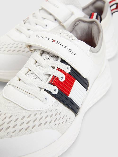 White Tommy Hilfiger Textured Flag Mesh Panel Boys' Sneakers | TH304ANL