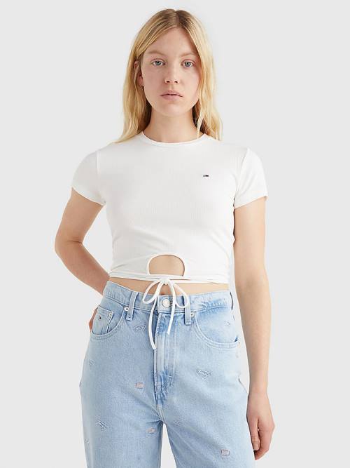 White Tommy Hilfiger Tie Detail Cropped Women\'s T Shirts | TH142EUC