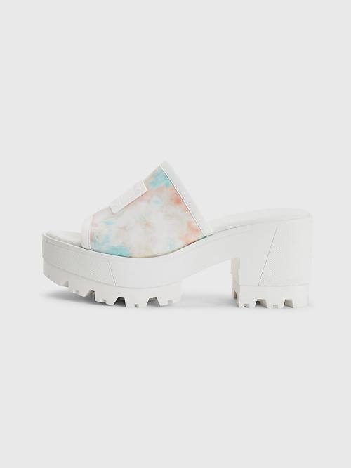 White Tommy Hilfiger Tie-Dye Block Heel Mules Women's Sandals | TH237NEY