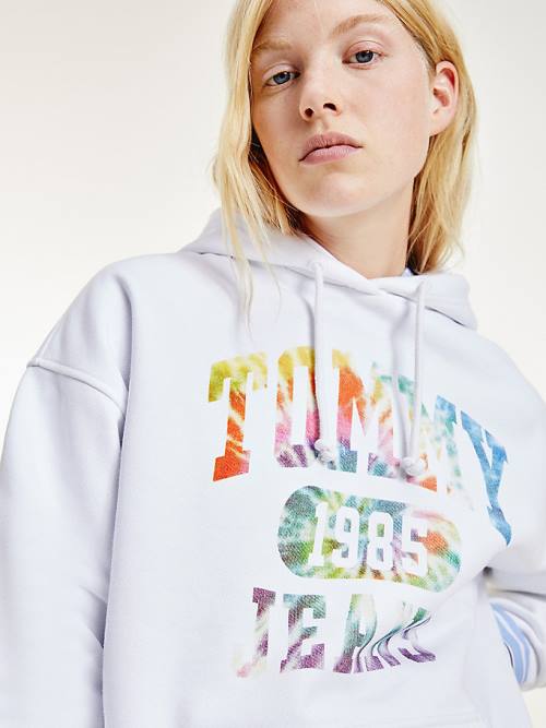 White Tommy Hilfiger Tie-Dye Logo Oversized Women's Hoodie | TH453RDB