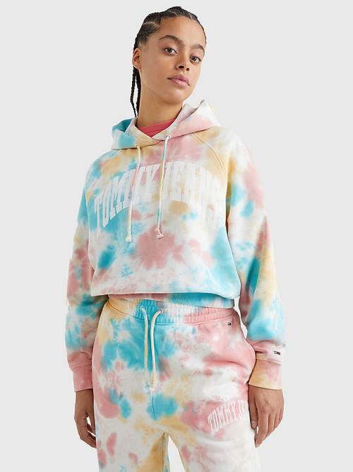 White Tommy Hilfiger Tie-Dye Varsity Logo Boxy Women\'s Hoodie | TH194RUB