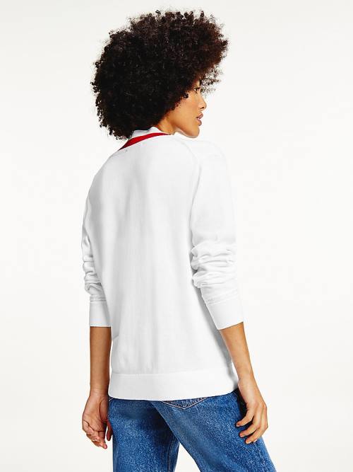 White Tommy Hilfiger Tipped V-Neck Jumper Women's Sweaters | TH406YUG