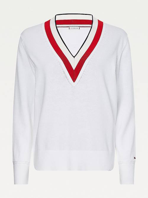 White Tommy Hilfiger Tipped V-Neck Jumper Women's Sweaters | TH406YUG