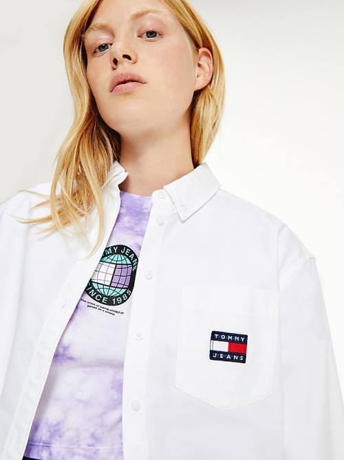 White Tommy Hilfiger Tommy Badge Boyfriend Women's Shirts | TH495QPV