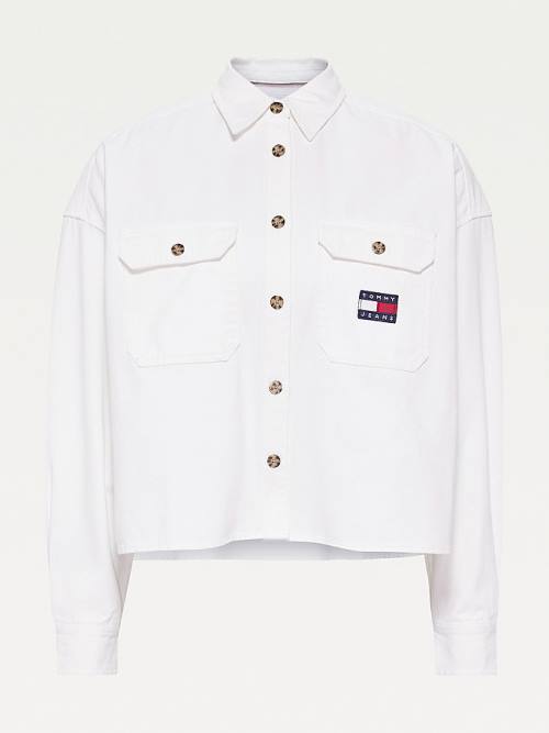 White Tommy Hilfiger Tommy Badge Cropped Utility Women's Shirts | TH684BTV