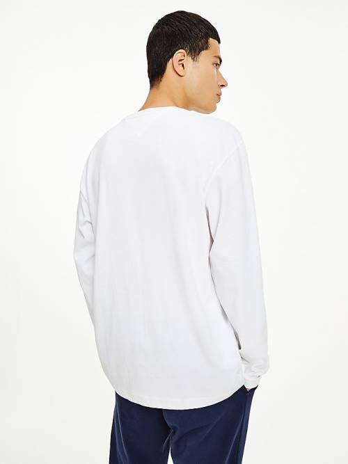 White Tommy Hilfiger Tommy Badge Long Sleeve Men's T Shirts | TH027CBG