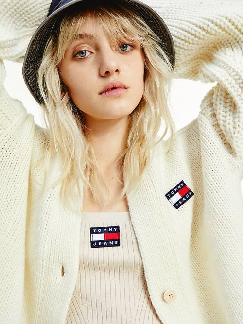 White Tommy Hilfiger Tommy Badge Oversized Cardigan Women's Sweaters | TH648RFO