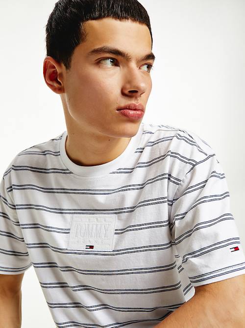 White Tommy Hilfiger Tonal Logo Stripe Men's T Shirts | TH847UZX