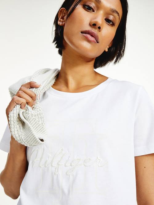 White Tommy Hilfiger Tonal Script Logo Organic Cotton Women's T Shirts | TH369NPG