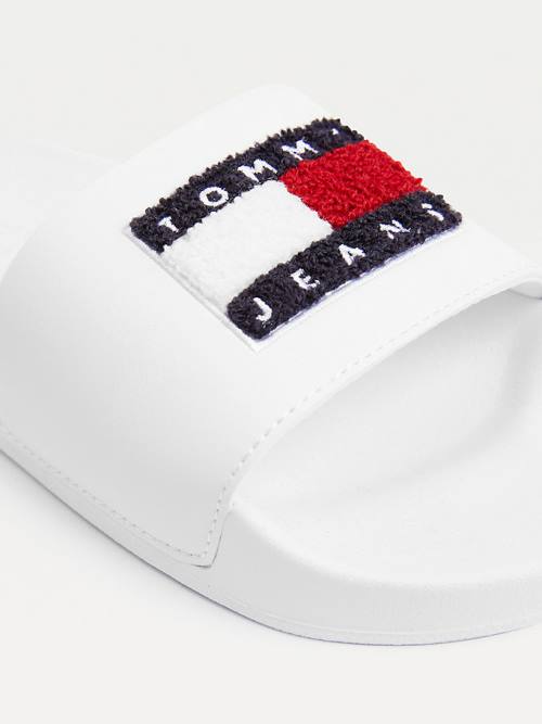 White Tommy Hilfiger Towelling Tommy Badge Slides Women's Sandals | TH896QIE