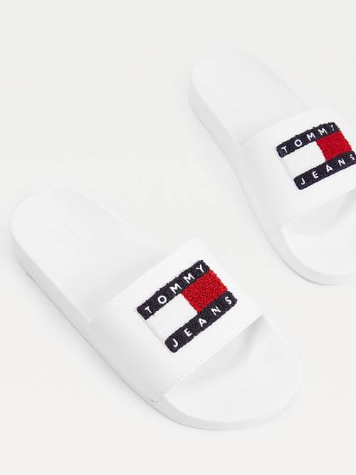 White Tommy Hilfiger Towelling Tommy Badge Slides Women's Sandals | TH896QIE