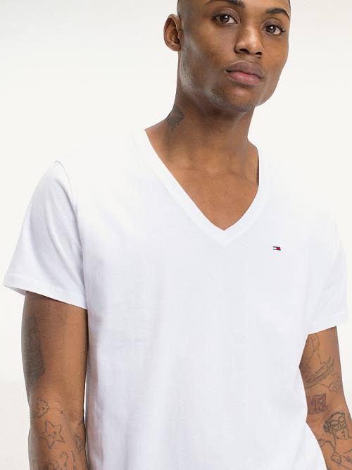 White Tommy Hilfiger V-Neck Men's T Shirts | TH783KVX