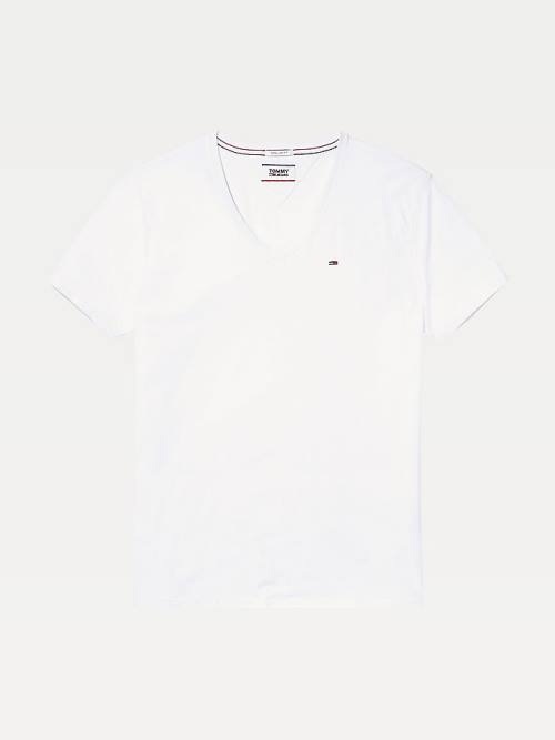 White Tommy Hilfiger V-Neck Men's T Shirts | TH783KVX