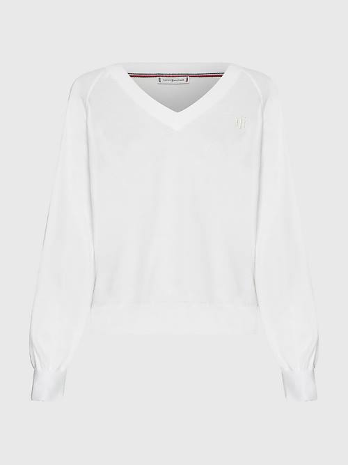 White Tommy Hilfiger V-Neck Puff Sleeve Relaxed Fit Jumper Women's Sweaters | TH876AFC