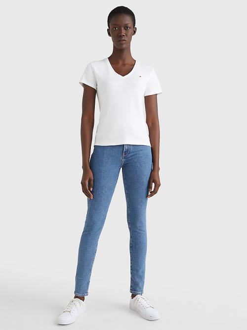 White Tommy Hilfiger V-Neck Slim Fit Women's T Shirts | TH147WDB