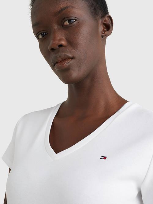 White Tommy Hilfiger V-Neck Slim Fit Women's T Shirts | TH147WDB