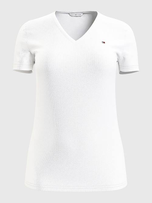 White Tommy Hilfiger V-Neck Slim Fit Women's T Shirts | TH147WDB