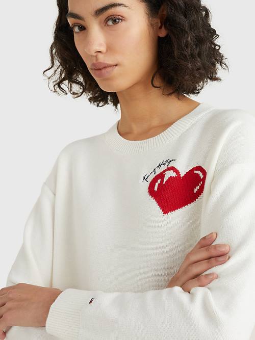 White Tommy Hilfiger Valentines Heart Organic Cotton Jumper Women's Sweaters | TH459DLJ