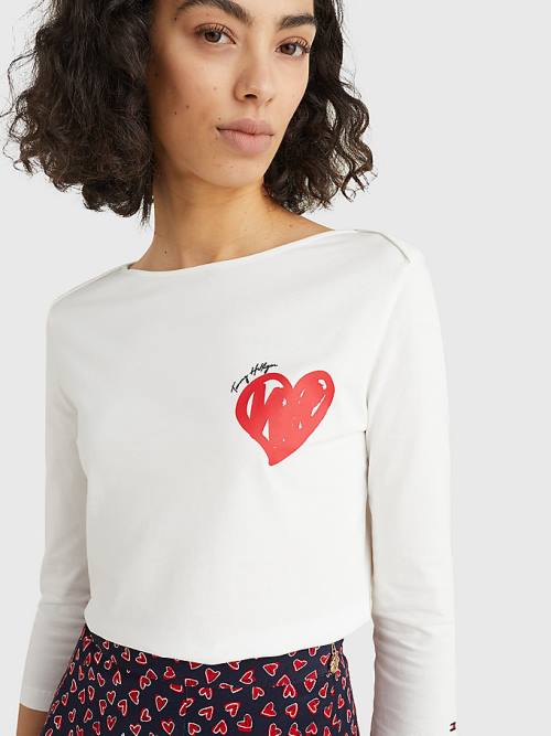 White Tommy Hilfiger Valentines Heart Print Boat Neck Women's T Shirts | TH231TSZ