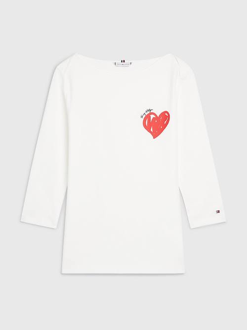 White Tommy Hilfiger Valentines Heart Print Boat Neck Women's T Shirts | TH231TSZ